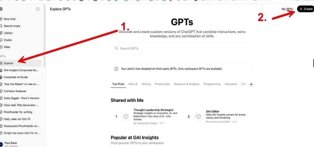shows steps 1 and 2 or which areas to click on a screen to create GPT