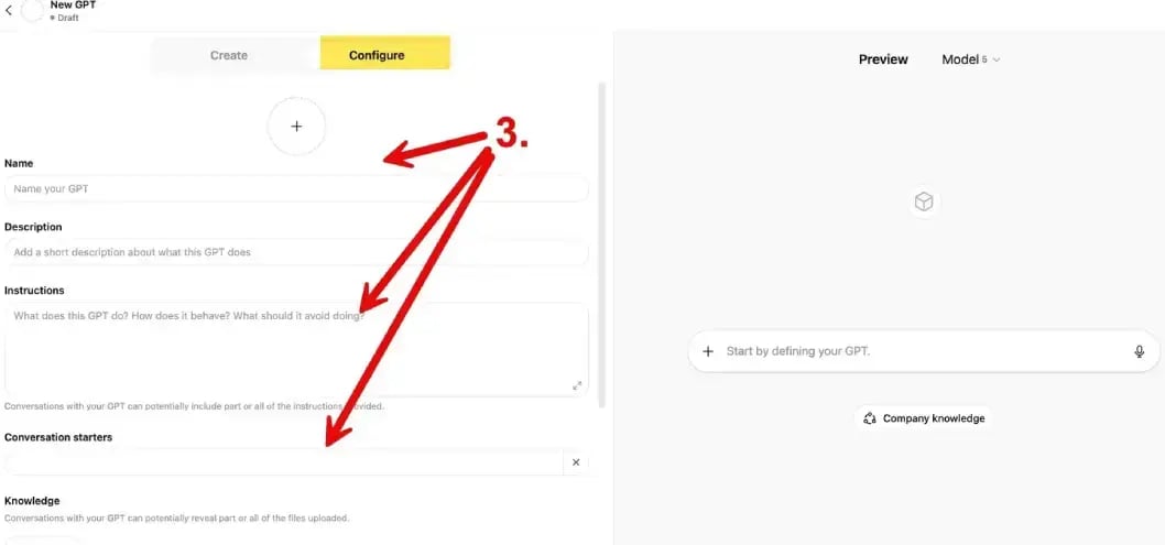 screen shot that shows where to click for steps 3) add name, instructions and conversation starters